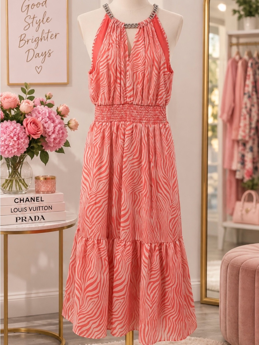 Michael Kors Pink Zebra-Print Smocked Waist Sundress